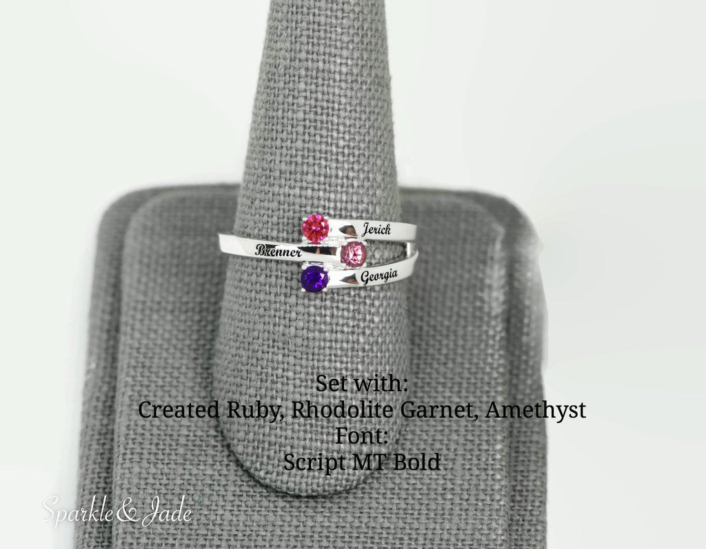 ByPass Stacked Mother's Family Birthstone Ring w/ Engraved Names- Sparkle & Jade-SparkleAndJade.com 