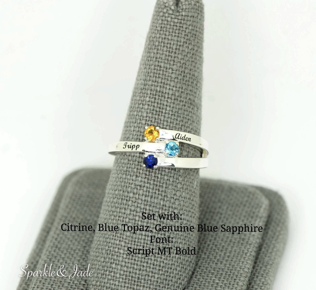ByPass Stacked Mother's Family Birthstone Ring w/ Engraved Names- Sparkle & Jade-SparkleAndJade.com 