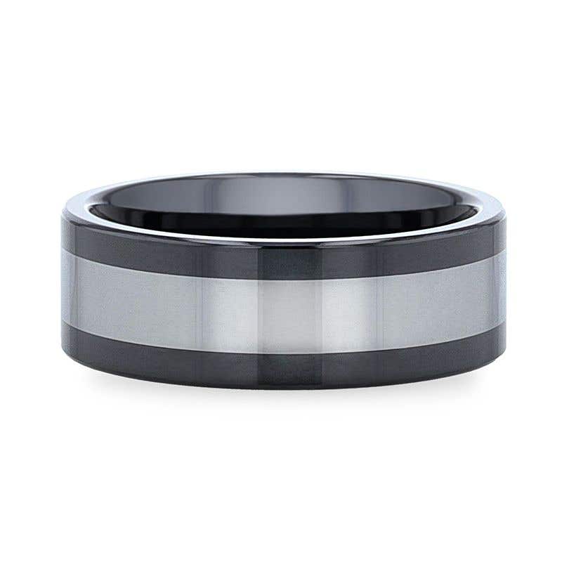 Ceramic Ring with Tungsten Inlay Wedding Band With Flat Polished Edges - 8mm - Huskey- Sparkle & Jade-SparkleAndJade.com 
