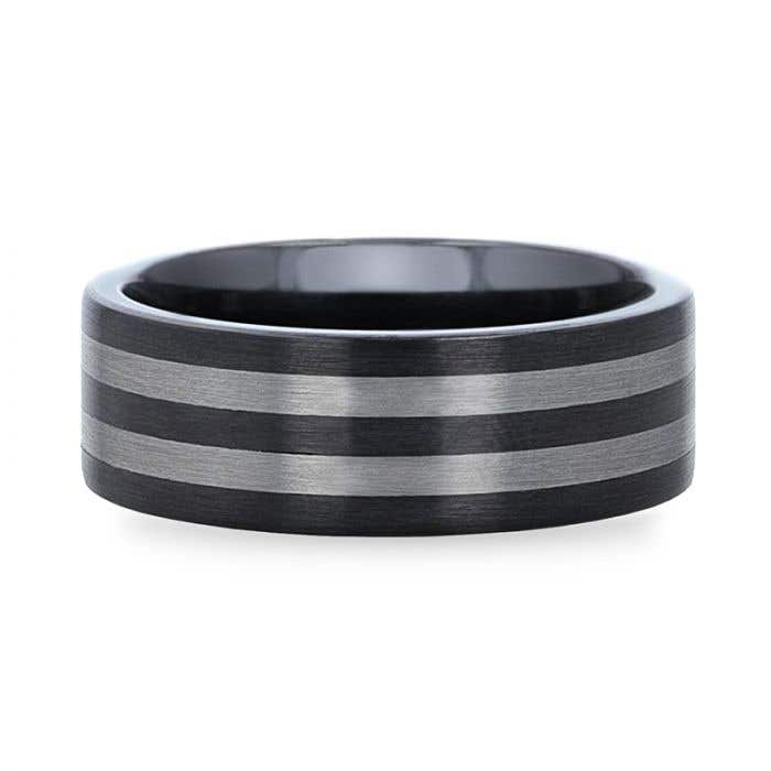 Ceramic ring with Tungsten Inlay With Flat Brushed Edges - 8mm - Beta- Sparkle & Jade-SparkleAndJade.com 