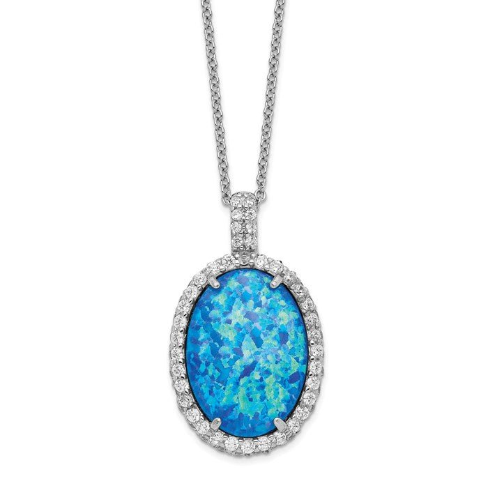 Cheryl M Sterling Silver Blue Oval Opal & CZ Halo Pendant Necklace- Sparkle & Jade-SparkleAndJade.com QCM1399-18.5