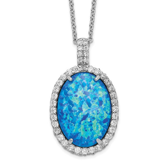 Cheryl M Sterling Silver Blue Oval Opal & CZ Halo Pendant Necklace- Sparkle & Jade-SparkleAndJade.com QCM1399-18.5