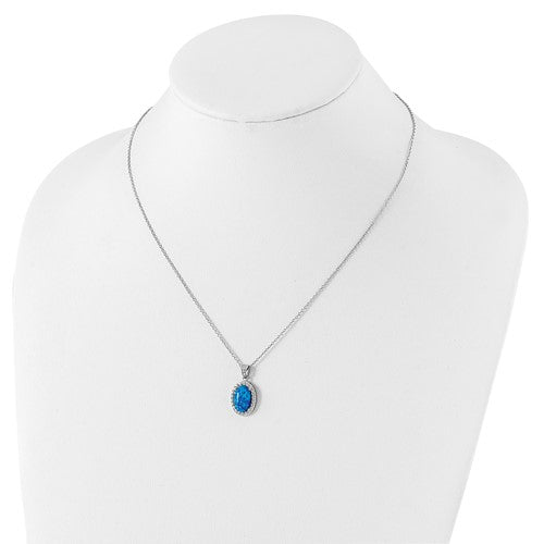 Cheryl M Sterling Silver Blue Oval Opal & CZ Pendant Necklace- Sparkle & Jade-SparkleAndJade.com QCM1382-18.5