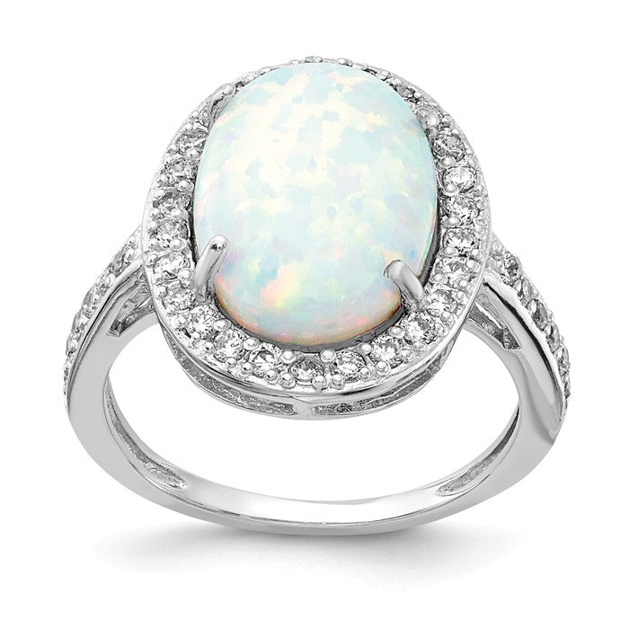 Cheryl M Sterling Silver CZ And Large Oval Created White Opal Ring- Sparkle & Jade-SparkleAndJade.com 