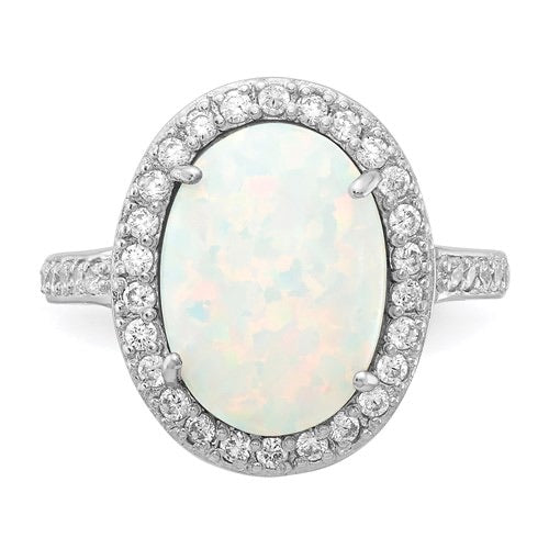 Cheryl M Sterling Silver CZ And Large Oval Created White Opal Ring- Sparkle & Jade-SparkleAndJade.com 