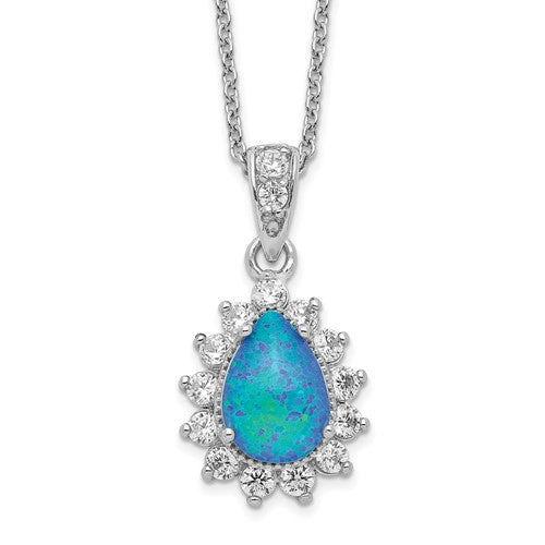 Cheryl M Sterling Silver CZ Blue Opal Pear Halo Pendant Necklace- Sparkle & Jade-SparkleAndJade.com QCM1387-18.5