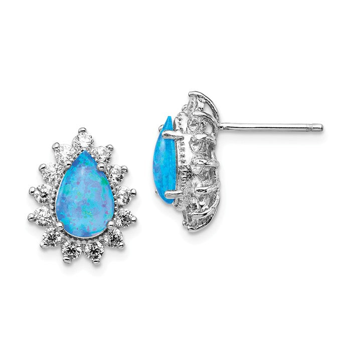 Cheryl M Sterling Silver CZ Pear Blue Opal Halo Post Earrings- Sparkle & Jade-SparkleAndJade.com QCM1405