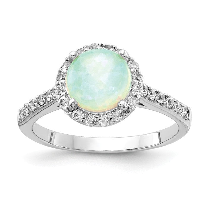 Cheryl M Sterling Silver Round Lab Created White Opal and CZ Halo Ring- Sparkle & Jade-SparkleAndJade.com 