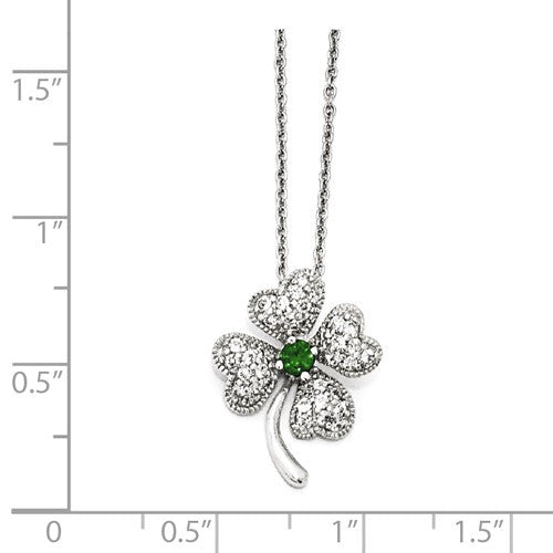 Cheryl M Sterling Silver Sim. Emerald & CZ 4-Leaf Clover Necklace- Sparkle & Jade-SparkleAndJade.com QCM367-18