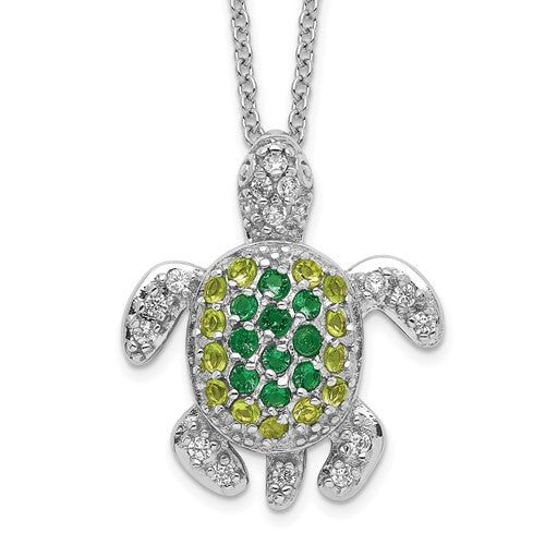 Cheryl M Sterling Silver Simulated Peridot & Emerald Green Turtle Necklace- Sparkle & Jade-SparkleAndJade.com QCM604-18 N0503GPTGGR
