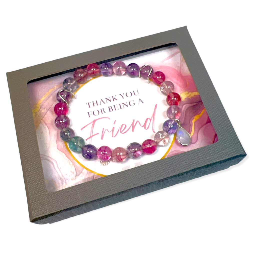 Colorful Quartz with Moonstone Sterling Silver Charm "Thank You for Being a Friend" Bracelet Gift Box- Sparkle & Jade-SparkleAndJade.com DBJ-RTW-0066