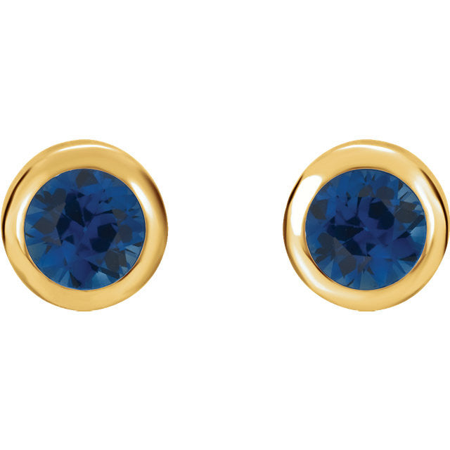 Chatham Blue Sapphire Bezel Earrings 14k White Yellow Gold