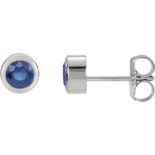 Created Blue Sapphire Bezel Set 4mm Round Earrings - 14k White or Yellow Gold- Sparkle & Jade-SparkleAndJade.com 61086:60027:P