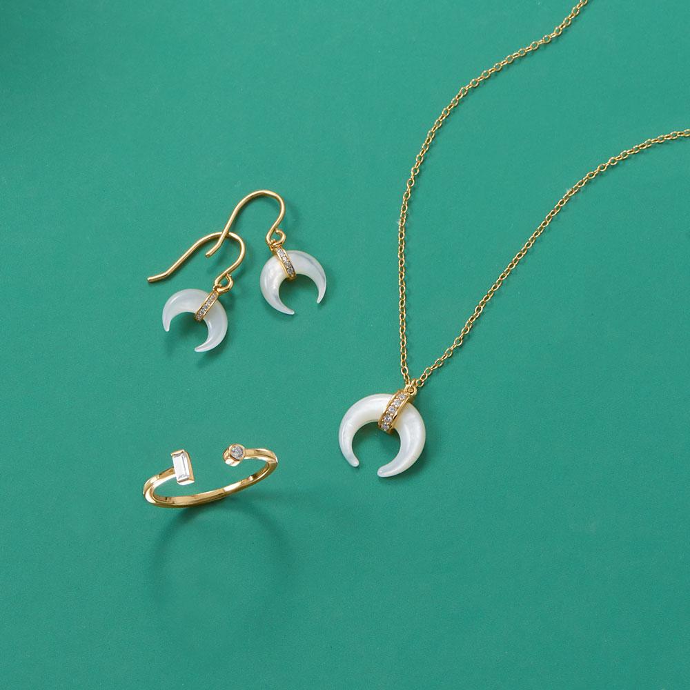 Crescent Moon Mother of Pearl with CZ Gold Plated Sterling Silver Earrings- Sparkle & Jade-SparkleAndJade.com 66425