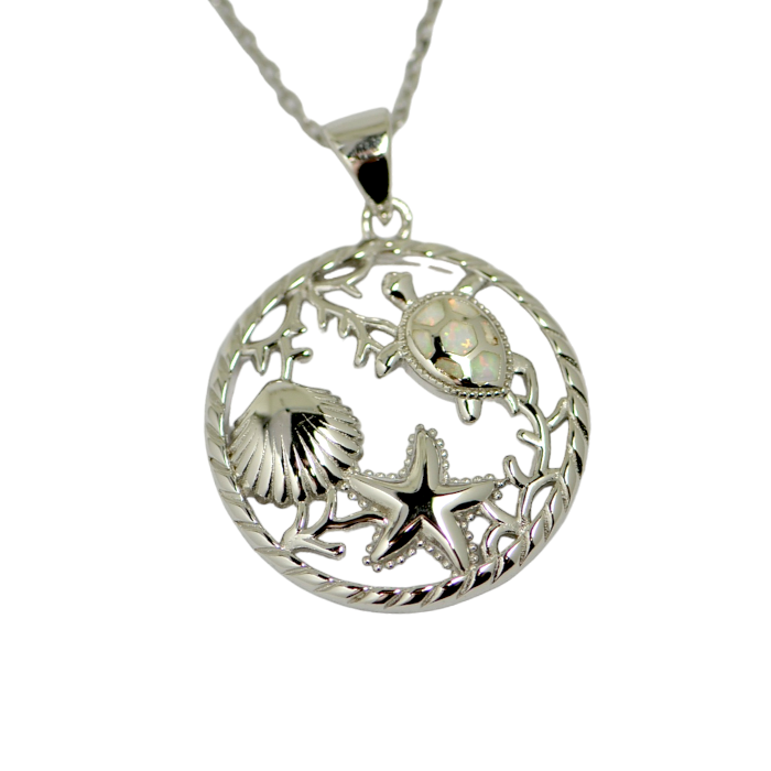 Sterling Silver Sea Life Opal Turtle Starfish Pendant Necklace- Sparkle & Jade-SparkleAndJade.com SJPL351094-WO