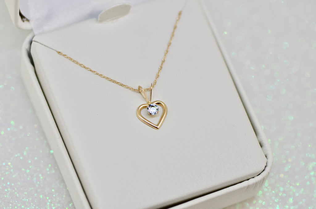 10k or 14k Gold Children's Natural Birthstone Petite Heart 15" Necklace- Sparkle & Jade-SparkleAndJade.com 