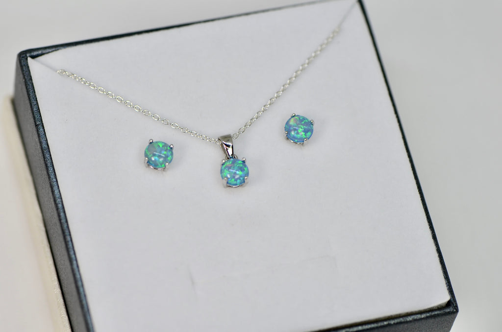 Sterling Silver Blue Opal Pendant & Earrings Set- Sparkle & Jade-SparkleAndJade.com QST205