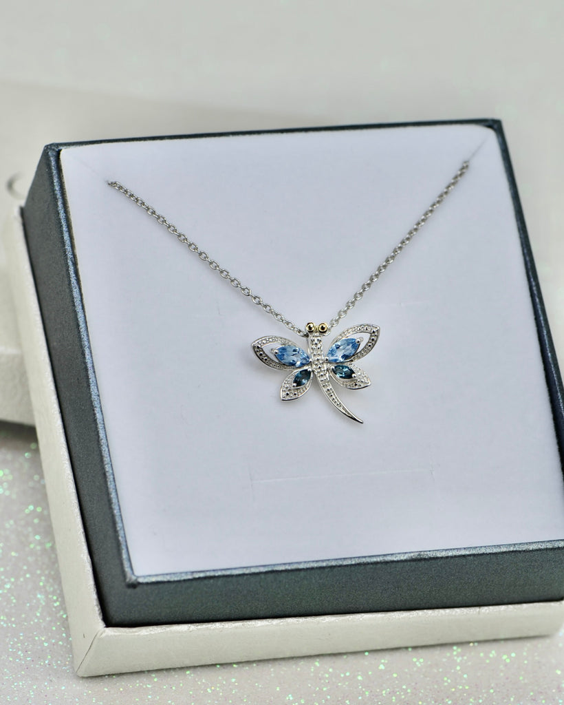 Shey Couture Sterling Silver w/ 14K Gold Accent Blue Topaz & Diamond Dragonfly Necklace- Sparkle & Jade-SparkleAndJade.com QG6232-17