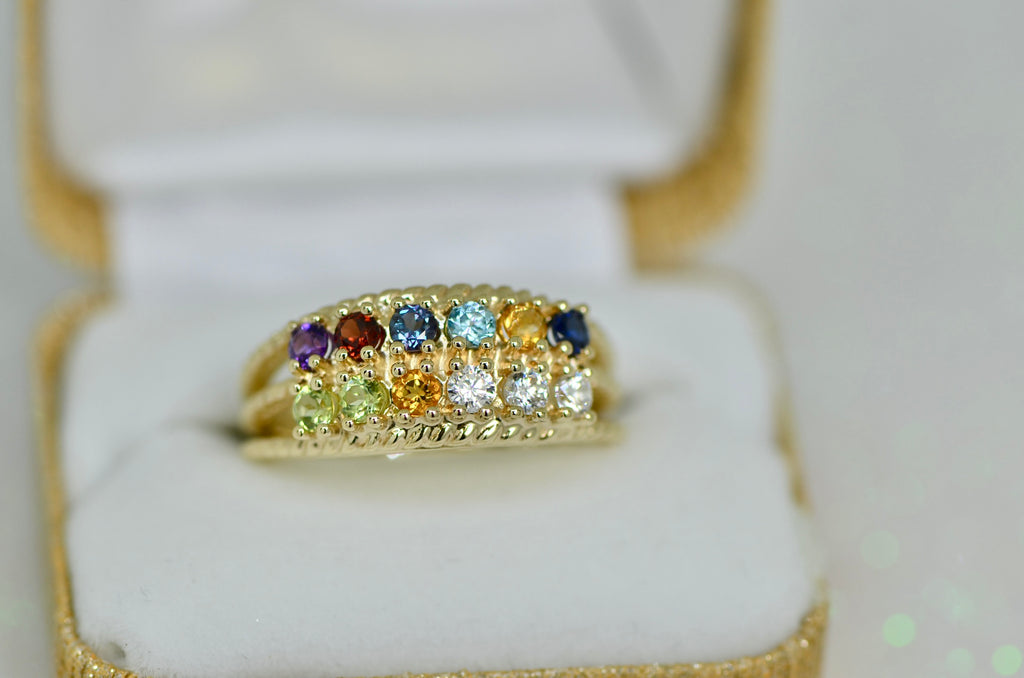 Roped Design 12 Stone Mother's Family Birthstone Ring- Sparkle & Jade-SparkleAndJade.com 