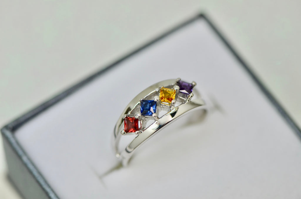 Princess Square Cut Mother's Family Birthstone Ring- Sparkle & Jade-SparkleAndJade.com 