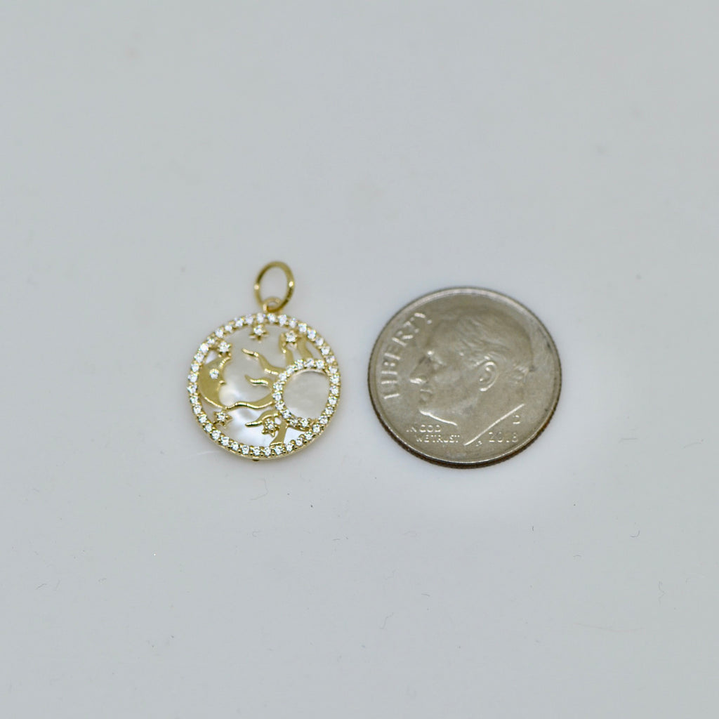 10k Gold CZ and Mother of Pearl Sun Moon and Stars Disc Charm Pendant- Sparkle & Jade-SparkleAndJade.com 10C1490