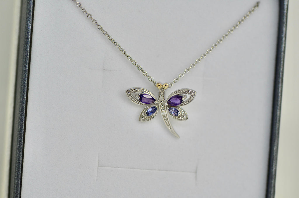 Sterling Silver And 14K Amethyst And Iolite And Diamond Dragonfly Necklace- Sparkle & Jade-SparkleAndJade.com QG2711-17