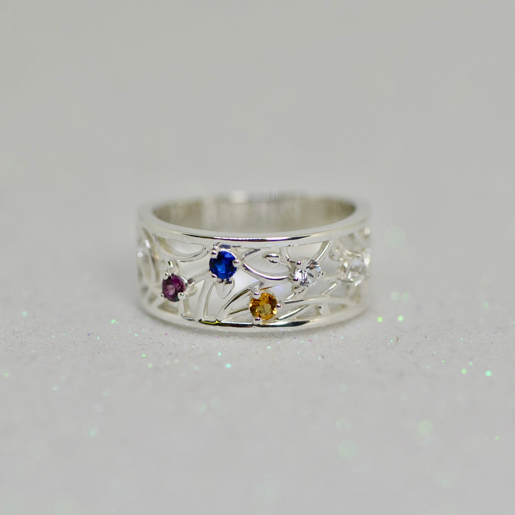 Wide Floral Branch Mother's Family Birthstone Ring- Sparkle & Jade-SparkleAndJade.com 