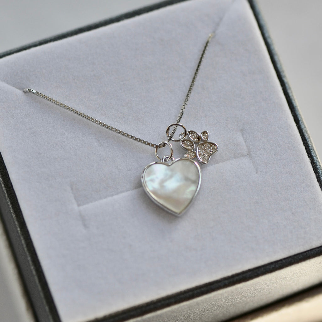 Sterling Silver Mother or Pearl Heart with CZ Paw Necklace- Sparkle & Jade-SparkleAndJade.com 