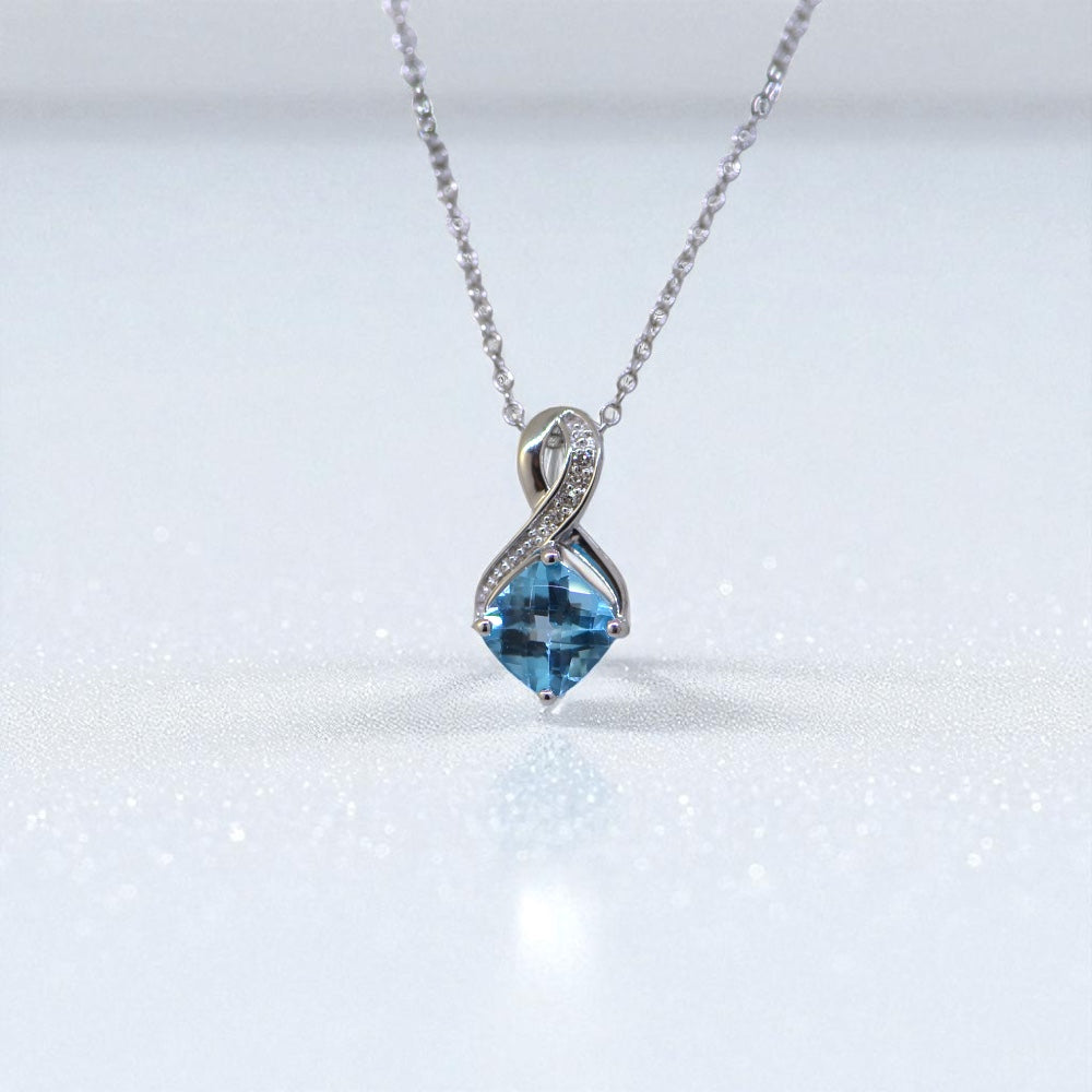 Sterling Silver Cushion Cut Swiss Blue Topaz & Diamond Pendant 18" Necklace- Sparkle & Jade-SparkleAndJade.com 