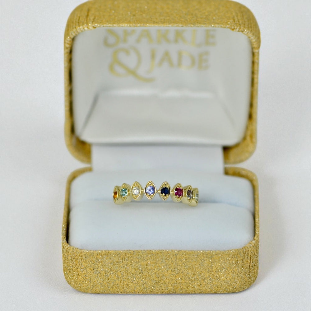 14k Gold Marquise Shaped 2mm Round Stone Mother's Family Ring- Sparkle & Jade-SparkleAndJade.com 