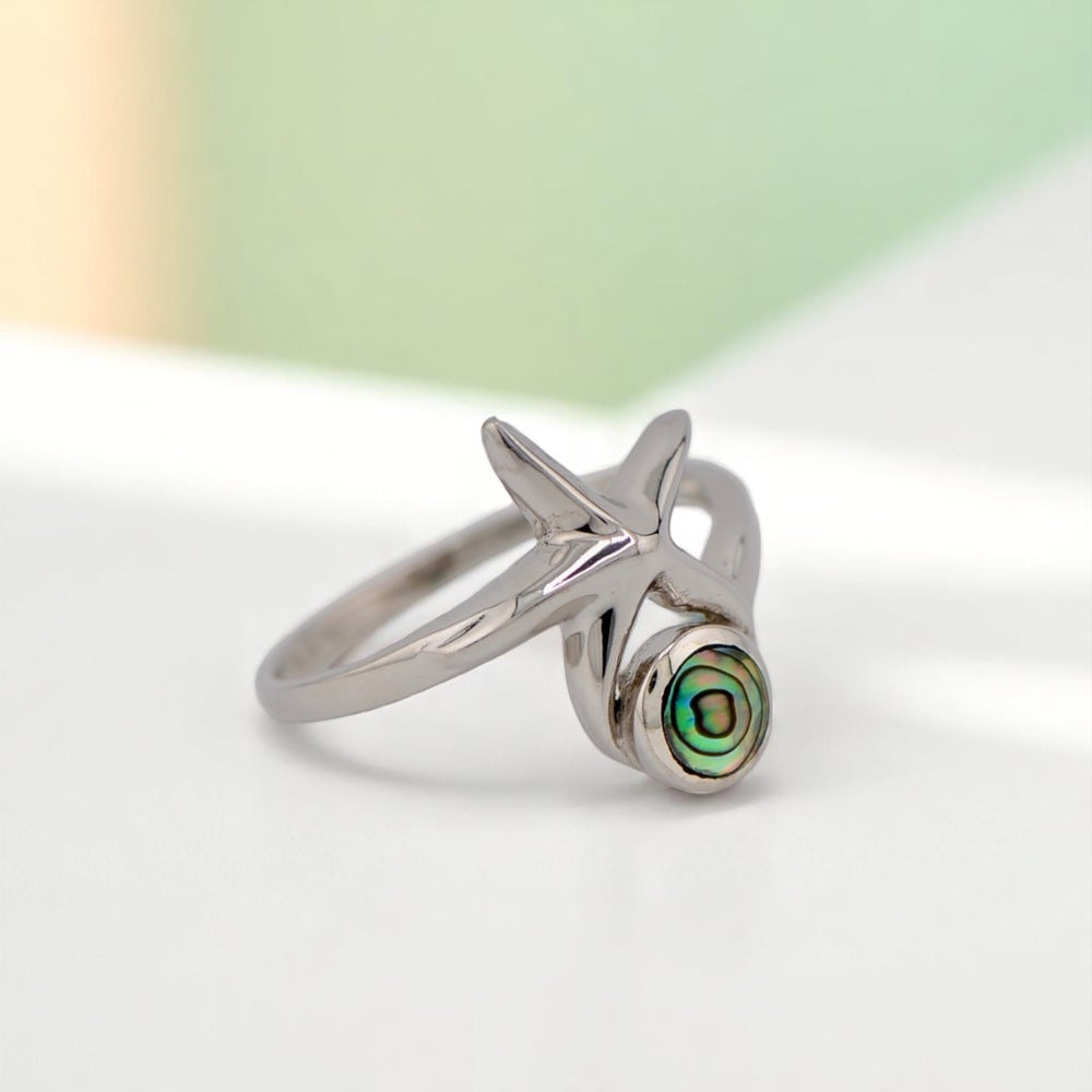 Sterling Silver Round Abalone with Starfish Ring- Sparkle & Jade-SparkleAndJade.com 
