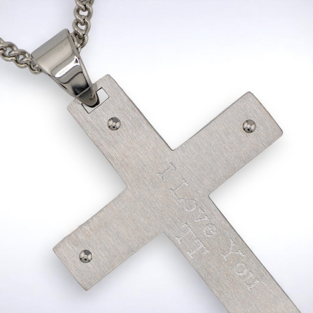 Stainless Steel Polished Etched Isaiah 41:10 Prayer Cross 24" Necklace- Sparkle & Jade-SparkleAndJade.com 