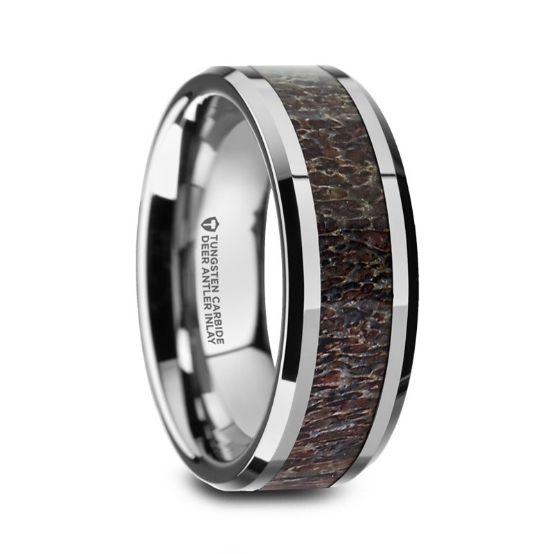 Dark Deer Antler Inlay Tungsten Carbide Beveled Edged Ring (8mm) - FAWN- Sparkle & Jade-SparkleAndJade.com 