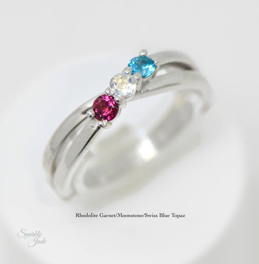 Diagonal Infinity Inspired Mother's Family Birthstone Ring- Sparkle & Jade-SparkleAndJade.com 
