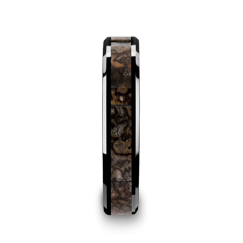 Dinosaur Bone Inlaid Black Ceramic Beveled Edged Ring 4-8mm - SILURIAN- Sparkle & Jade-SparkleAndJade.com 