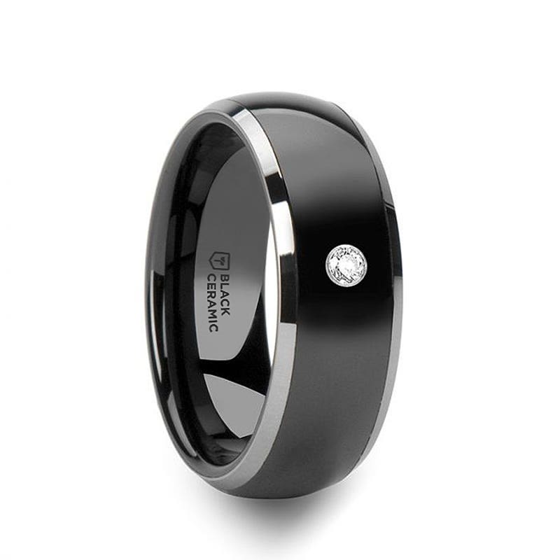 Domed Black Ceramic Comfort Fit Wedding Band with Polished Tungsten Edges and White Diamond Setting - 8mm - GLENDALE- Sparkle & Jade-SparkleAndJade.com 