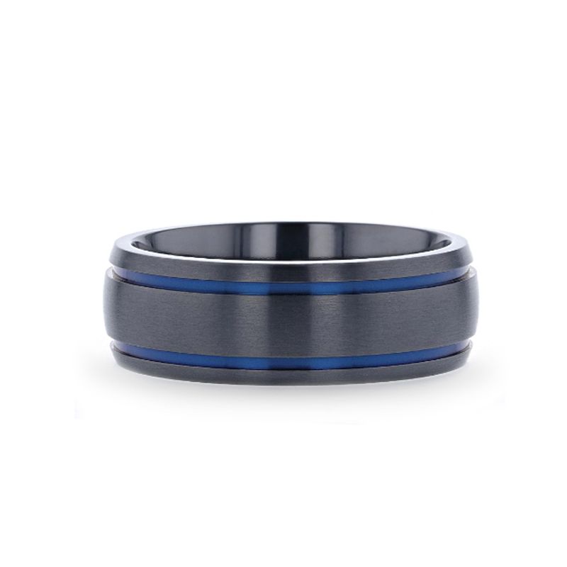 Domed Black Titanium Brushed Finish Men’s Wedding Ring with Blue Grooves – SHERIFF- Sparkle & Jade-SparkleAndJade.com 