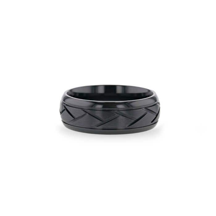 Domed Black Titanium Ring with Brushed Cross Alternating Diagonal Cuts Pattern - 8mm - Jax- Sparkle & Jade-SparkleAndJade.com 