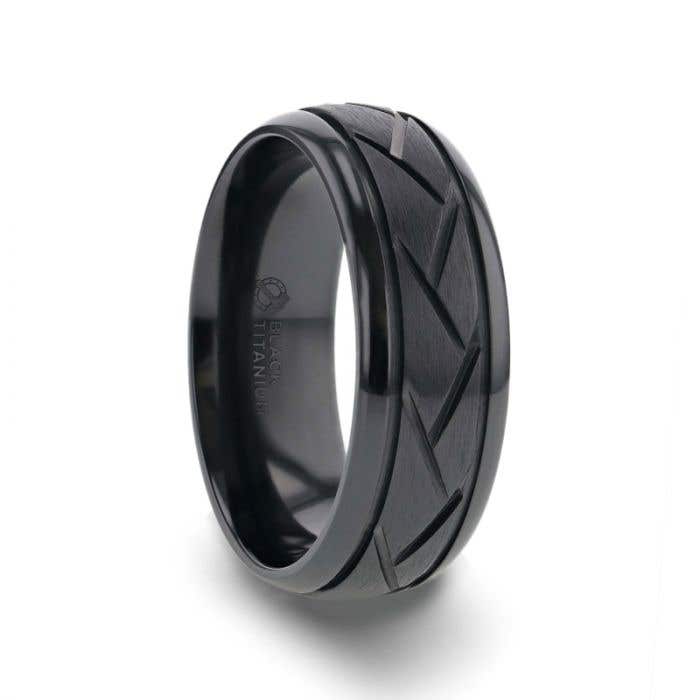 Domed Black Titanium Ring with Brushed Cross Alternating Diagonal Cuts Pattern - 8mm - Jax- Sparkle & Jade-SparkleAndJade.com 