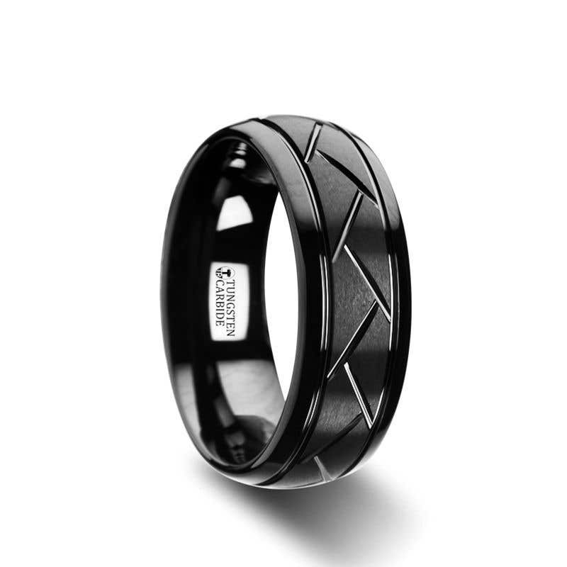 Domed Black Tungsten Ring with Brushed Cross Alternating Diagonal Cuts Pattern - 8mm - Enigma- Sparkle & Jade-SparkleAndJade.com 
