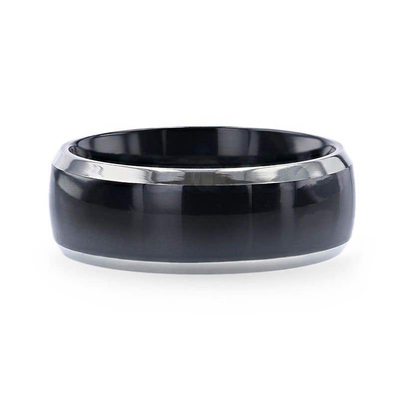 Domed Polished Finish Black Titanium Men's Wedding Ring With Beveled Polished Edges - 8mm - Saleen- Sparkle & Jade-SparkleAndJade.com 
