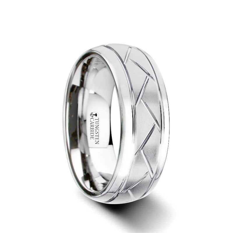 Domed Tungsten Carbide Ring with Crisscross Grooves and Brushed Finish - 8mm - Octavian- Sparkle & Jade-SparkleAndJade.com 