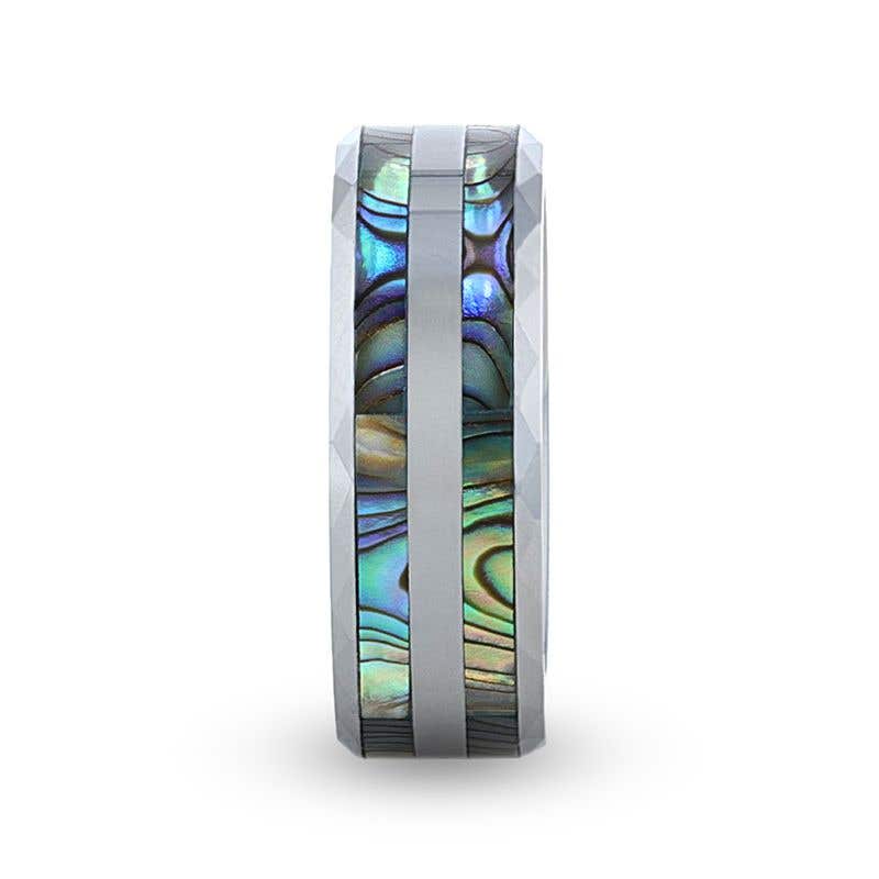 Double Abalone Shell Inlay Faceted Tungsten Ring With Beveled Polished Edges - 8mm - Paua- Sparkle & Jade-SparkleAndJade.com 