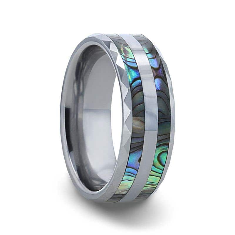 Double Abalone Shell Inlay Faceted Tungsten Ring With Beveled Polished Edges - 8mm - Paua- Sparkle & Jade-SparkleAndJade.com 