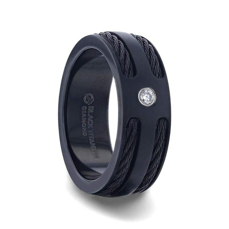 Double Black Rope Inlaid Brushed Matte Black Titanium Men's Wedding Band With Black Edge Channel Setting And White Diamond In The Center - 8mm - NOIR- Sparkle & Jade-SparkleAndJade.com 