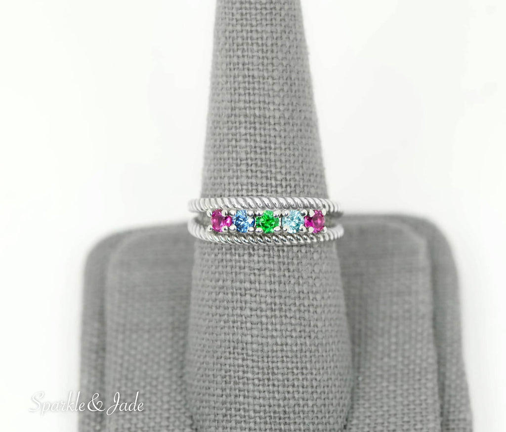 Double Rope Design Mother's Family Birthstone Ring- Sparkle & Jade-SparkleAndJade.com 