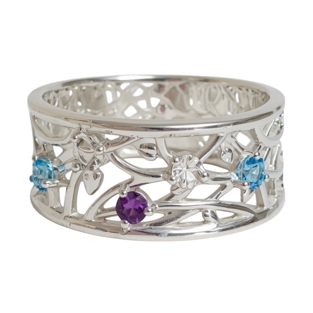 Floral Branch 9mm Wide Mother's Family Birthstone Ring- Sparkle & Jade-SparkleAndJade.com 