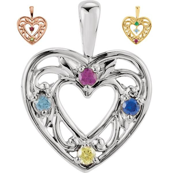 Filigree Heart Mother's Family Birthstone Pendant or Necklace- Sparkle & Jade-SparkleAndJade.com 