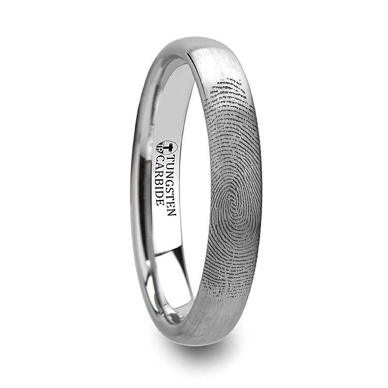 Fingerprint Ring Engraved Domed Tungsten Ring Brushed Ring - 4mm to 12mm- Sparkle & Jade-SparkleAndJade.com F1299-FBBT