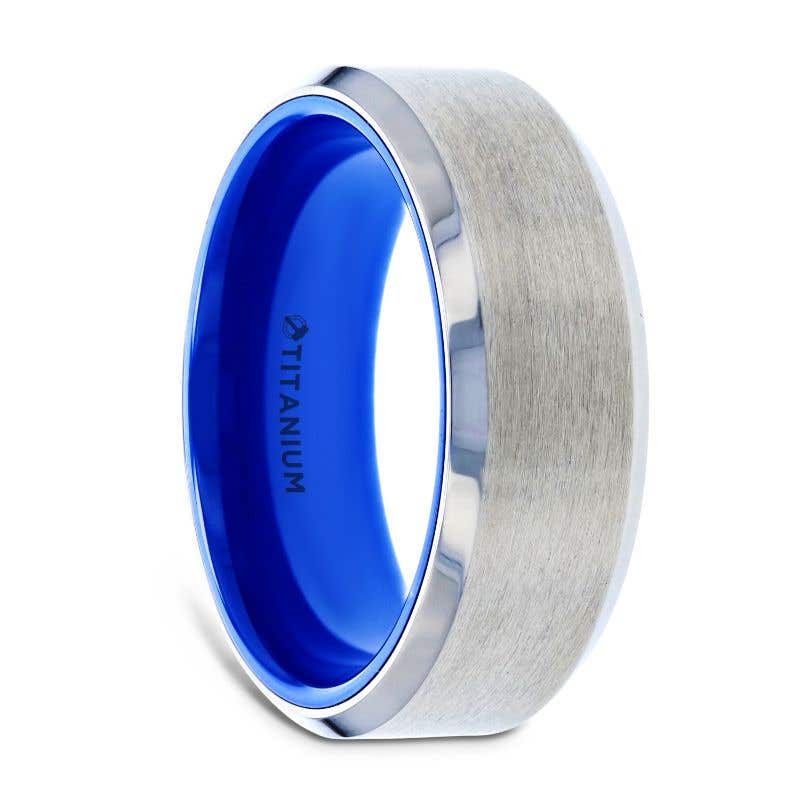 Flat Beveled Edges Titanium Ring with Brushed Center and Vibrant Blue Inside - 8mm - Arctic- Sparkle & Jade-SparkleAndJade.com 